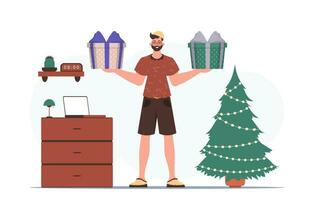 Gift concept for christmas or new year. The guy is holding a gift in his hands. vector