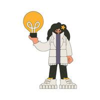 Stylish girl holds a light bulb in her hands. Idea theme. vector