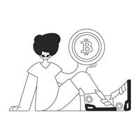 un único hombre es participación un bitcoin moneda. periódico negro y blanco estilo. vector