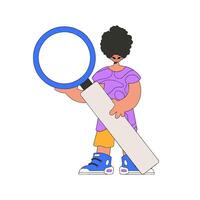 A man holds a magnifying glass in his hands. Search for the necessary information on the Internet. Linear retro style character. vector