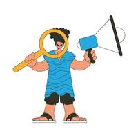 A guy with a megaphone, symbolizing the search for people in the labor market. Recruitment and search of personnel. vector