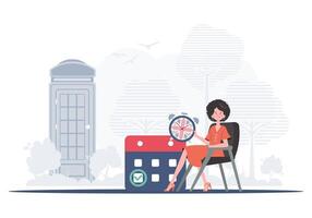 The concept of teaching English. Woman holding a calendar with a marked date and a clock. trendy style. . vector
