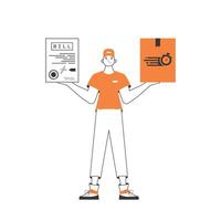 A man holds a parcel and a check in his hands. Parcel delivery concept. Linear style. Isolated on white background. illustration. vector