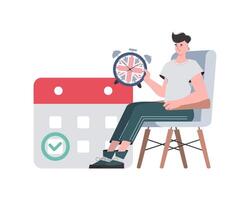A man, a calendar with a marked date and a clock. The concept of teaching English. Isolated. trendy style. . vector
