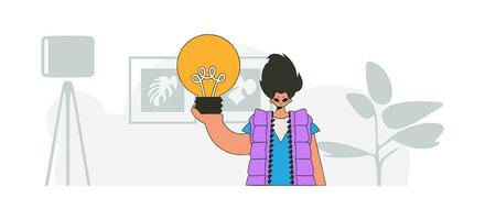 Fashionable guy holding a light bulb. Idea theme. Retro trendy style. vector