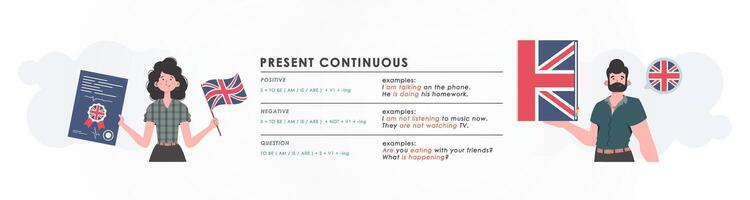 Present continuous. Rule for the study of tenses in English. The concept of teaching English. Trendy character cartoon style. illustration. vector