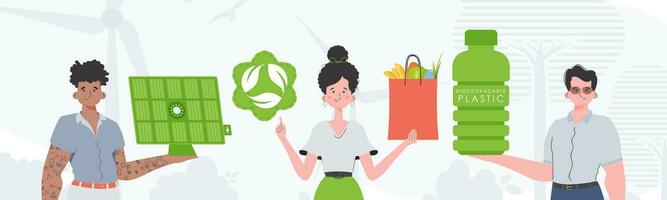 cuidando acerca de el ambiente. eco simpático gente. plano de moda estilo. vector ilustración.