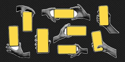 Halftone hands holding phones set vector illustration