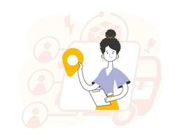 Girl Courier holding tablet and geolocation tag. Line art trendy style. Vector. vector