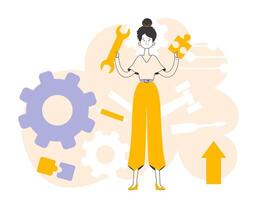 A woman is holding a wrench and a puzzle. Teamwork theme. Linear modern style. vector