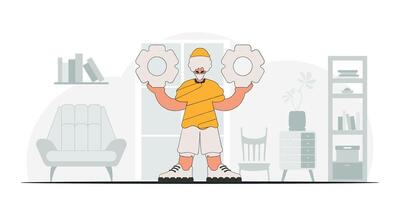 A handsome guy holds gears in his hands. Idea theme. Retro trendy style. vector