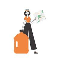 Water delivery concept. Girl with a map in her hands. Linear trendy style. Isolated, vector illustration.
