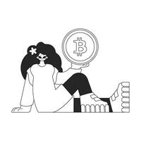 Charming woman holds a bitcoin coin in her hands. Linear black and white style. vector