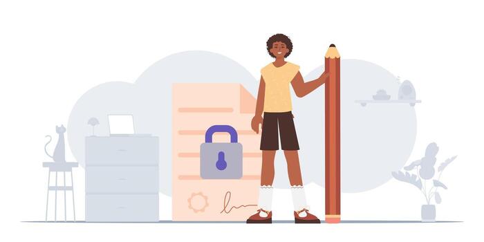 el concepto de firma y proteger datos. inteligente contrato. el chico es en pie cerca un grande documento y participación un lápiz. vector