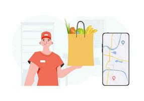 Delivery concept. A man delivers a package of products. trendy style. Vector. vector