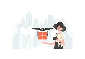 A woman controls a quadcopter with a parcel. The concept of cargo delivery by air. Vector. vector