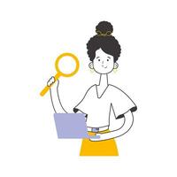 The girl holds a magnifying glass and a laptop in her hands. Job Search Theme. H.R. Linear modern style. Isolated. Vector. vector