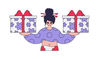 The woman is holding gifts. The concept of the holiday and gifts. Character in the style of the 80s and 90s. vector