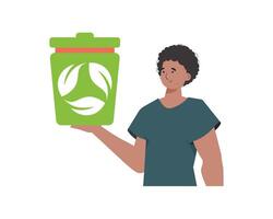 The guy is depicted to the waist and holds an urn in his hands. The concept of ecology and recycling. Isolated on white background. Vector illustration Flat trendy style.