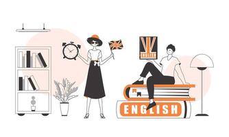 The guy and the girl helps teaches English. The concept of learning a foreign language. Lineart modern style. vector