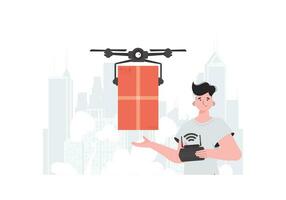 A man controls a quadcopter with a package. Delivery theme. Vector. vector