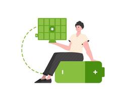 A man sits on a battery and holds a solar panel in his hands. Eco energy concept. Isolated. Vector illustration.