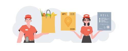 Delivery team. Ready made banner on the theme of home delivery of groceries. Trendy flat style. Vector. vector