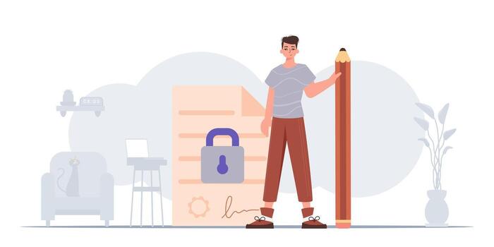 el concepto de firma un inteligente contrato. datos proteccion. el chico es en pie cerca un grande documento y participación un lápiz. vector