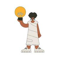 A beautiful woman is holding a light bulb in her hands. Idea theme. vector