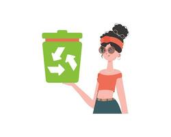 el niña es representado hasta la cintura y participación un basura lata en su mano. el concepto de reciclaje y cero desperdiciar. aislado. de moda personaje estilo. vetcor. vector