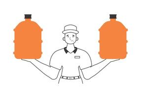 Water delivery concept. A man with a large bottle of water in his hands. Linear style. vector