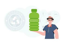 Concept of green world and ecology. A man holds a bottle made of biodegradable plastic in his hands. Fashion trend illustration in Vector. vector