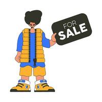 The boy holds a sign For Sale in his hands. Attractive bright style. vector