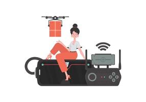 The concept of cargo delivery by air. A woman controls a quadcopter with a parcel. Isolated on white background. Flat modern design. . vector