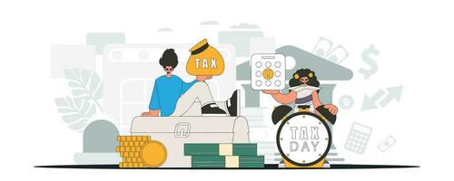 Fashionable girl and guy demonstrate paying taxes. Graphic illustration on the theme of tax payments. vector