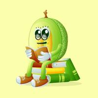 honeydew melon character wearing glasses and reading a book vector