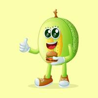 honeydew melon character holding a burger and smiling vector