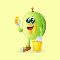 honeydew melon character holding shop bag and discount coupon vector