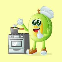honeydew melon character cooking on a stove vector