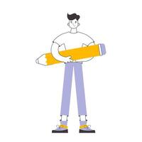 The man is holding a pencil. Linear trendy style. Isolated on white background. . vector