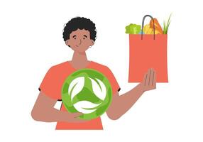 The guy is shown waist-deep and holds a package with healthy food in his hands and shows an icon. Isolated. Flat trendy style. Vector. vector