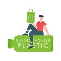 A man sits on a bottle made of biodegradable plastic and holds an ECO BAG in his hands. Concept of green world and ecology. Isolated on white background. Trend style.Vector illustration. vector