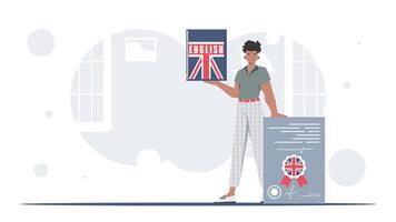 The concept of learning English. A man holds an English dictionary and a certificate in his hands. trendy style. illustration. vector