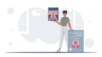 el concepto de aprendizaje inglés. un hombre sostiene un Inglés diccionario y un certificado en su manos. de moda estilo. vector ilustración.