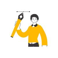 The designer guy holds a pen tool for 2D graphics in his hand. Linear trendy style. Isolated. . vector