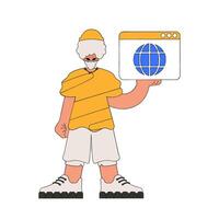 A bright and stylish illustration of a man using a web browser. Material for educational content. vector