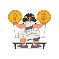 A woman holds a bitcoin and a dollar in her hands. Character Trendy retro style. vector