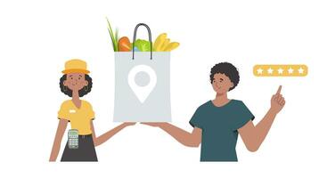 Woman courier holds a package with groceries. Home products. Food delivery. Isolated. Trendy flat style. Vector. vector
