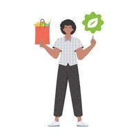 The guy is depicted in full growth and holds a package with healthy food in his hands and shows an icon. Isolated. Trend style, vector illustration.