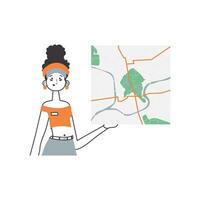 un mujer con un mapa en su manos. entrega concepto. arte lineal estilo. aislado, vector ilustración.